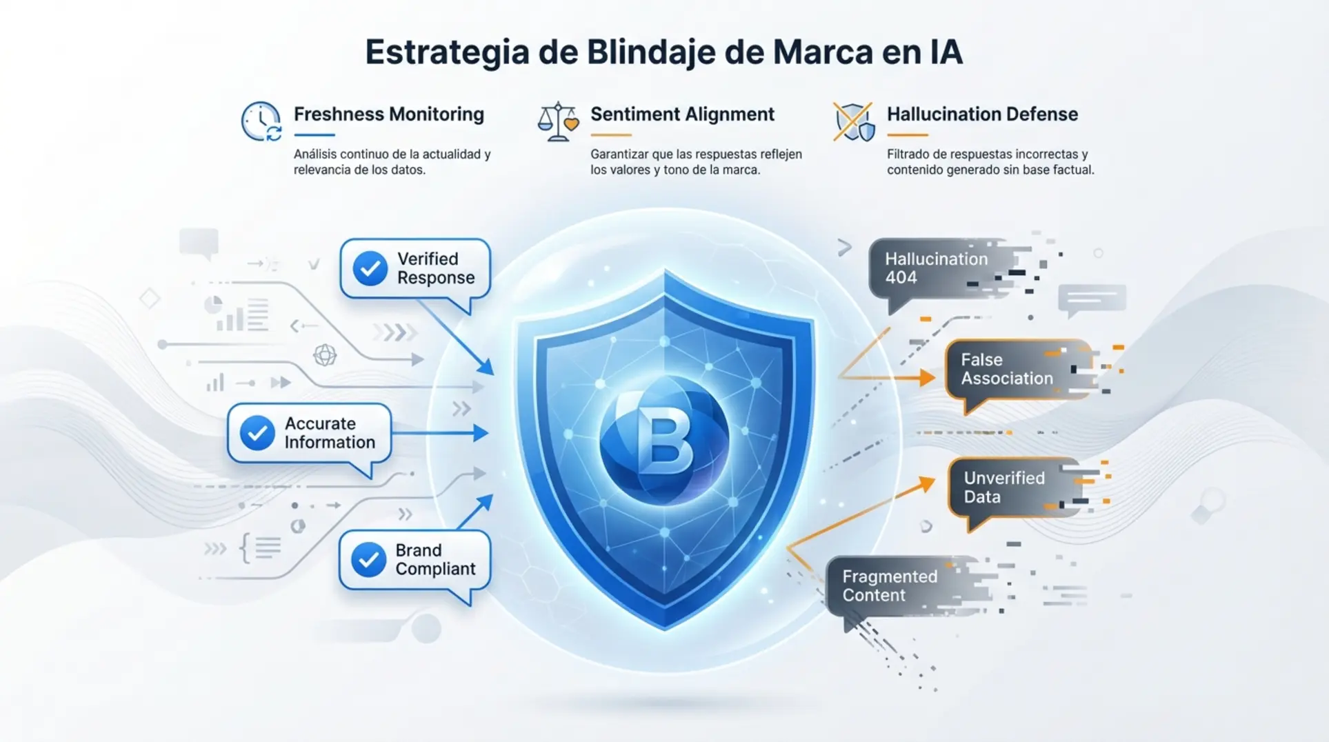 Escudo protector rodeado de flujos de datos de IA.